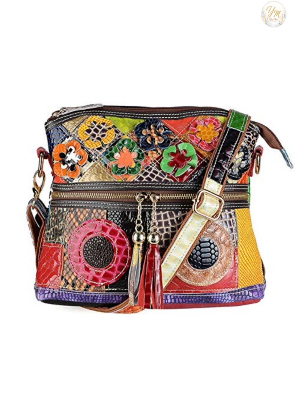 Genuine Leather Crossbody Bag Floral Patchwork Shoulder Handbag